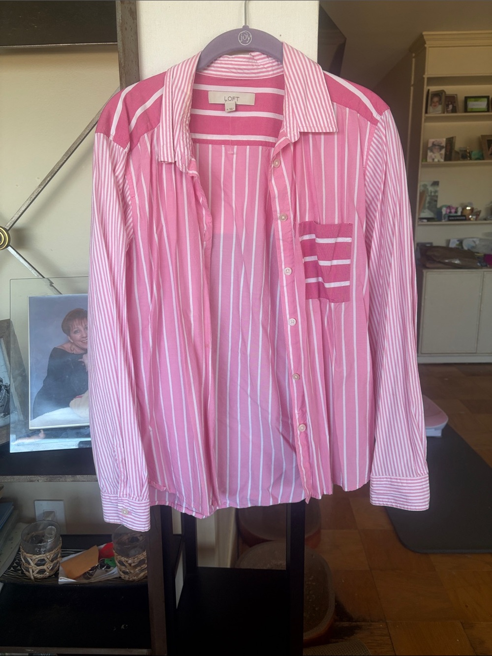 LOFT Pink and White Striped Button-Down Shirt